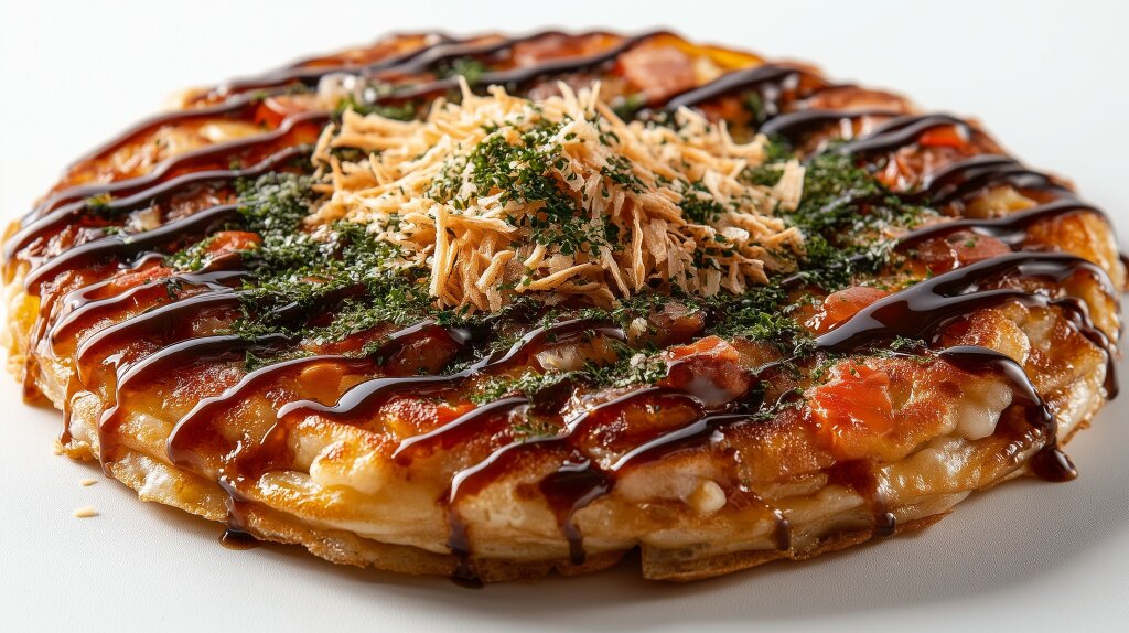 Japanische Okonomiyaki Pfannkuchen mit Bonitoflocken