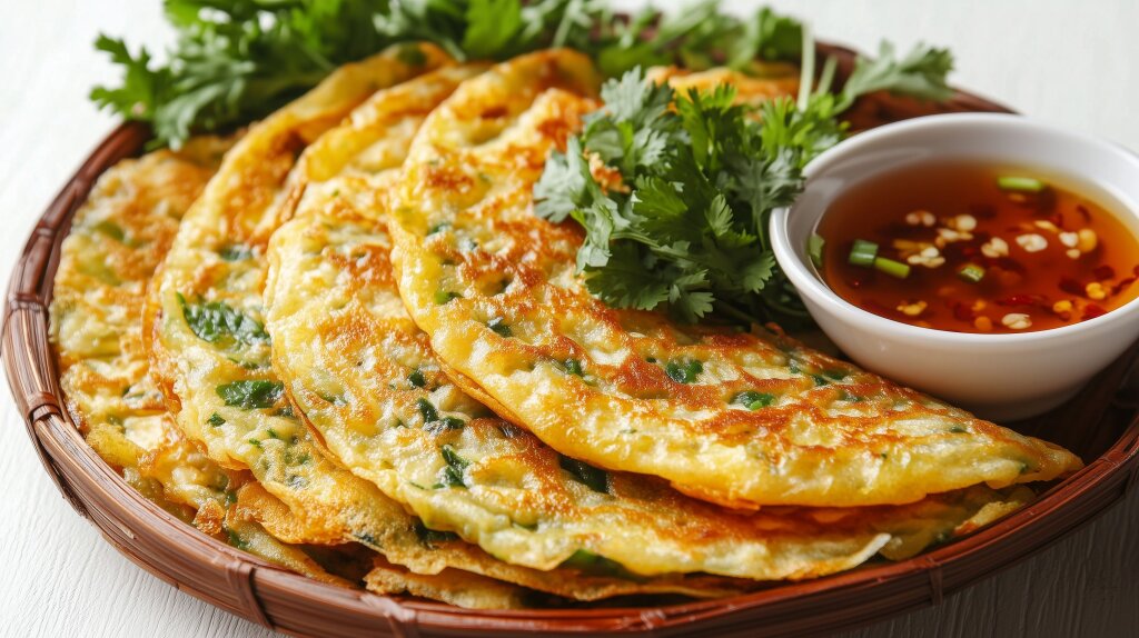 Vietnamesische Bánh Xèo mit Kräutern und Dip