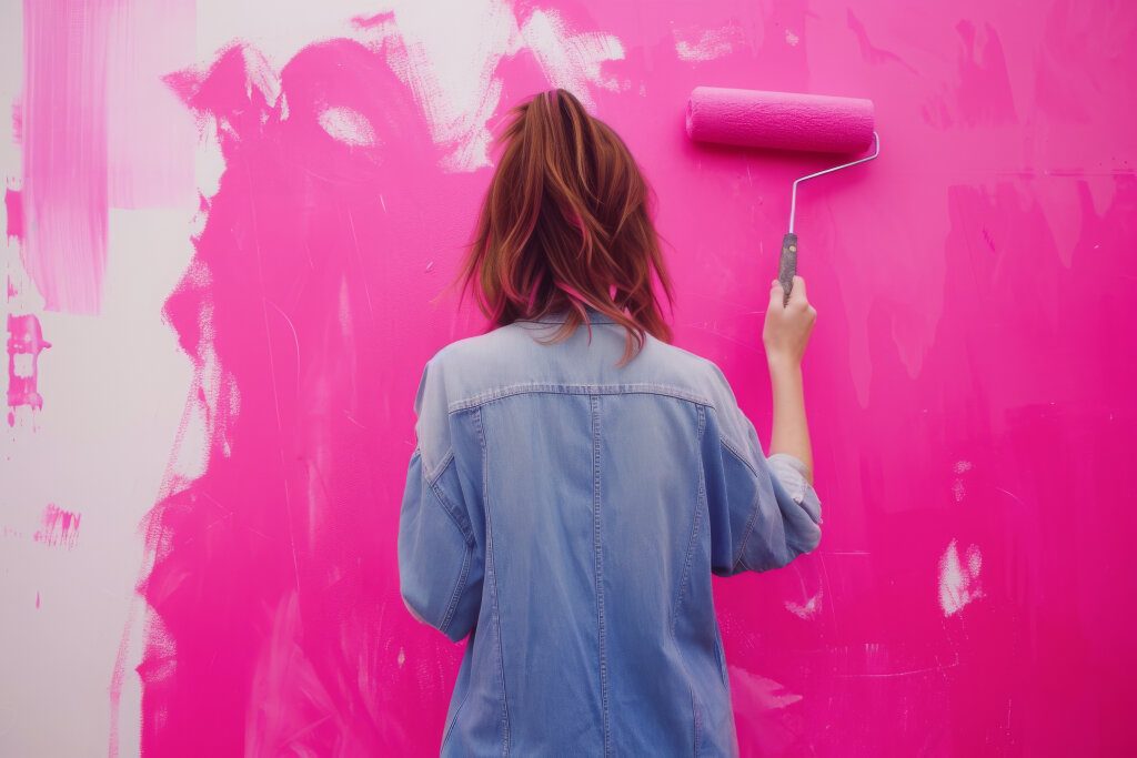 Frau streicht wand pink