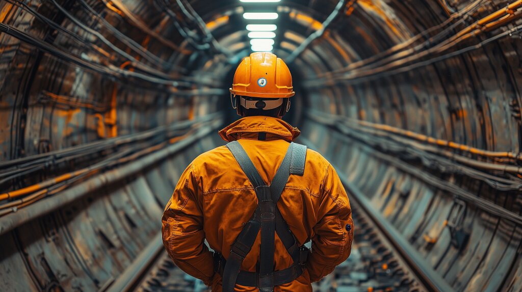 Industrieller Arbeiter im Tunnel mit orangener Schutzkleidung und Helm