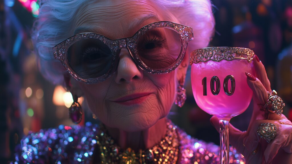 Nahaufnahme einer stilvollen älteren Dame mit Sonnenbrille und Drink zum 100. Geburtstag