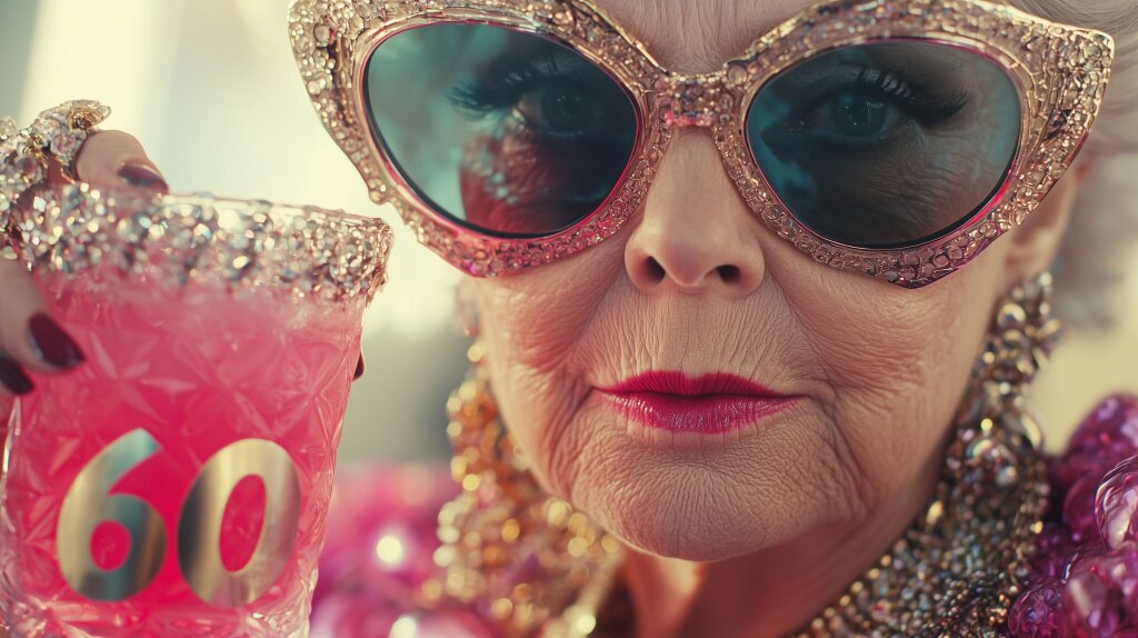 Nahaufnahme einer stilvollen älteren Dame mit Sonnenbrille und Drink zum 60. Geburtstag