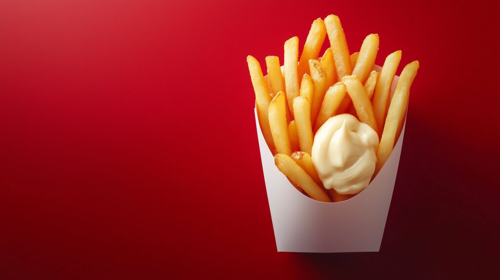 Knusprige Pommes mit Mayonnaise vor rotem Hintergrund