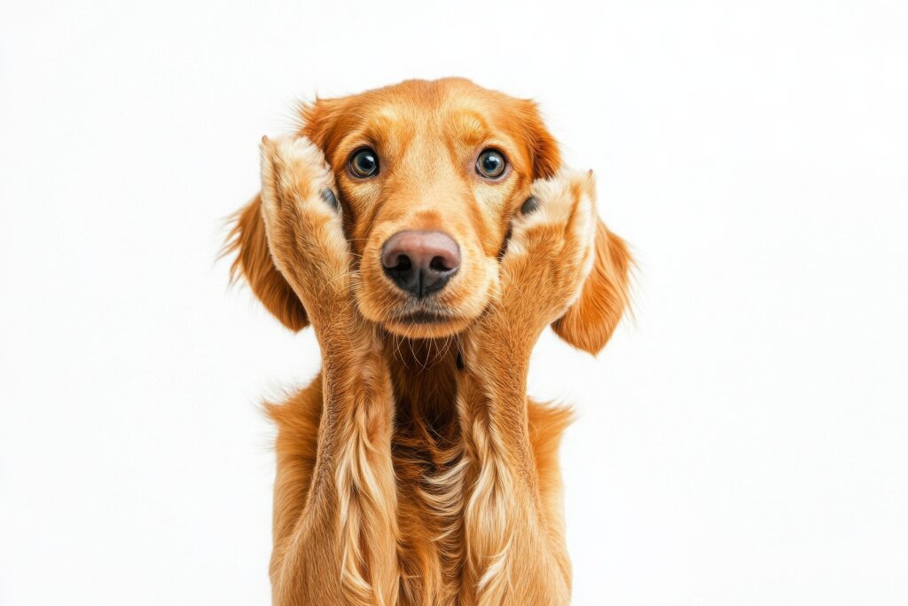 Hund hält sich mit den Pfoten die Ohren zu