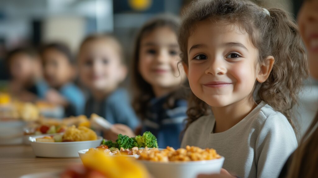 Gruppe von Grundschulkindern beim Mittagessen in der Kantine