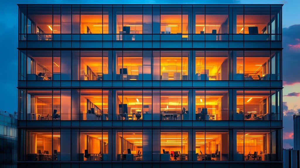 Modernes Bürogebäude bei Nacht mit beleuchteten Fenstern