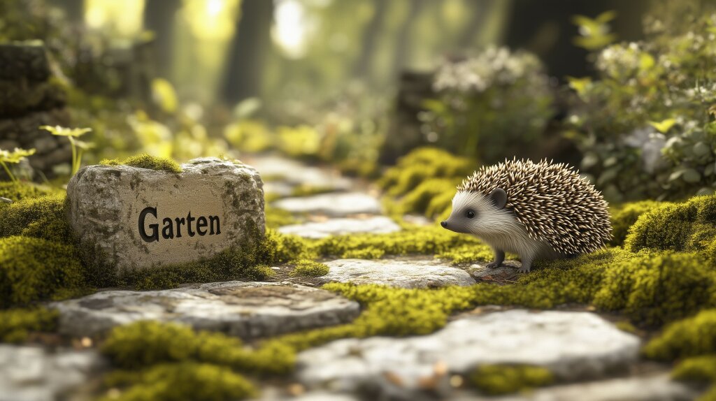 Igel im Garten – Kleiner Igel auf einem mit Moos bewachsenen Weg