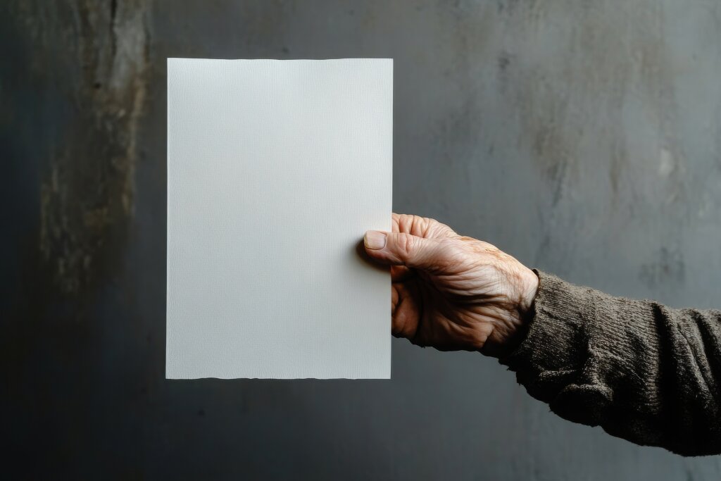 alte Hand hält ein Blatt Papier