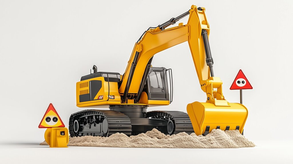 Gelber Bagger auf Sand mit Baustellen-Schild