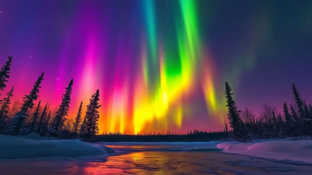 Lebendiges Farbenspiel der Polarlichter erleuchtet den Winterhimmel