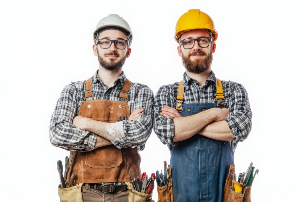 zwei Handwerker mit Werkzeuggürtel und Schutzhelm