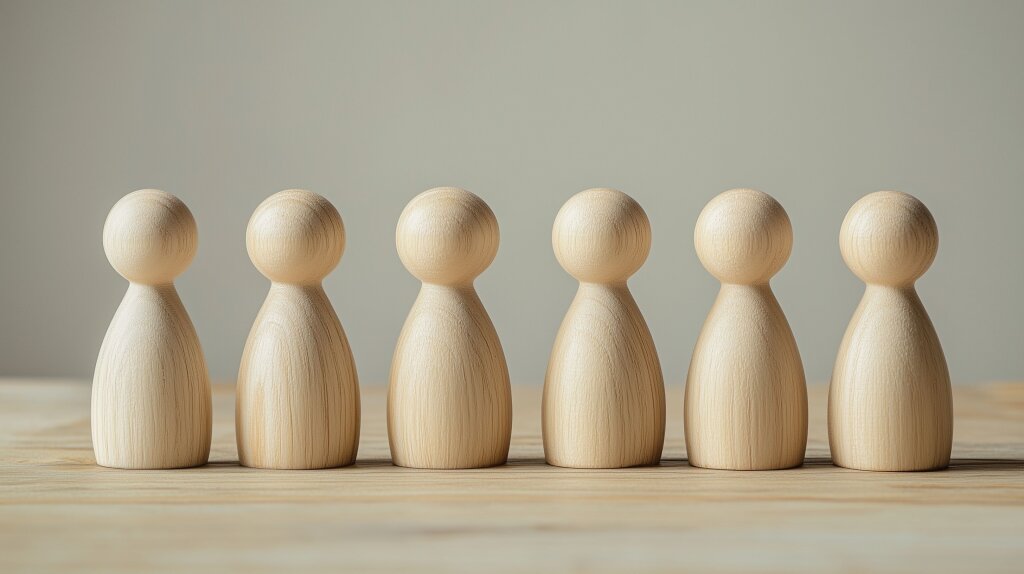 Holzfiguren in Reihe auf einem Tisch