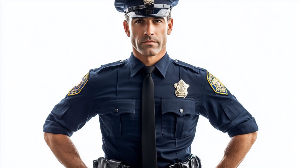 Mann in Polizeiuniform mit strengem Blick und Händen an der Hüfte