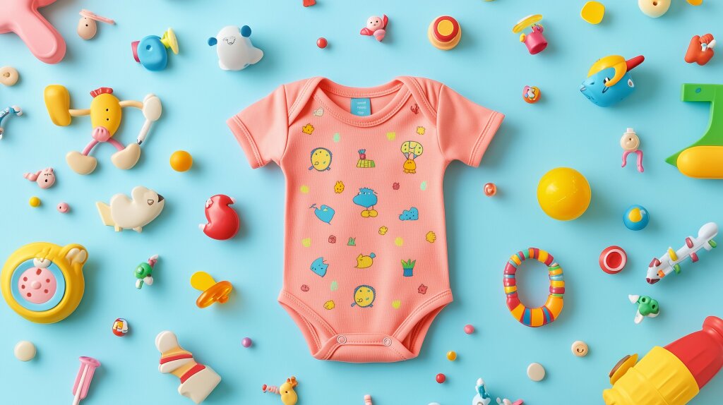 Buntes Baby-Strampler mit niedlichen Spielzeugen auf hellblauem Hintergrund