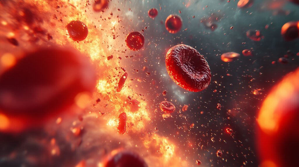 Detailaufnahme von roten Blutkörperchen und Plasma in einem dynamischen Wissenschaftsbild