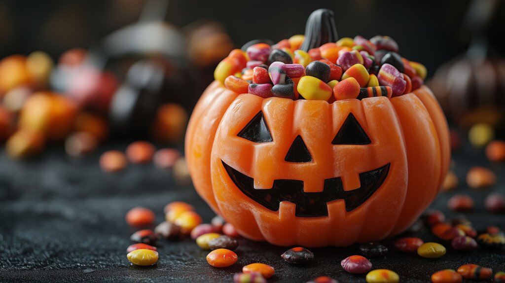 Halloween-Kürbiskorb Jack-o-Lantern voller Süßigkeiten