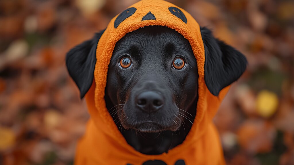 Patterdale Retriever im Halloween-Kostüm mit Kürbisdesign