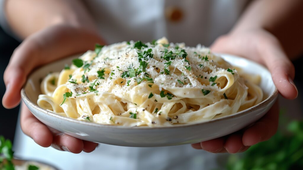 Fettuccine Alfredo mit Käse und Kräutern auf einem Teller