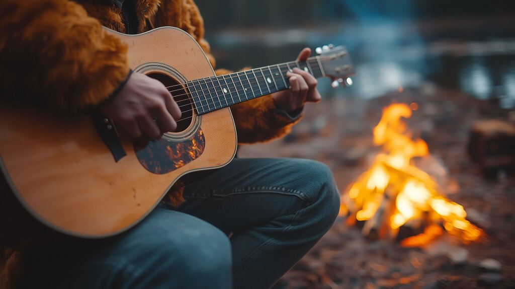 Gitarrist am Lagerfeuer: Musik in der Natur bei Sonnenuntergang