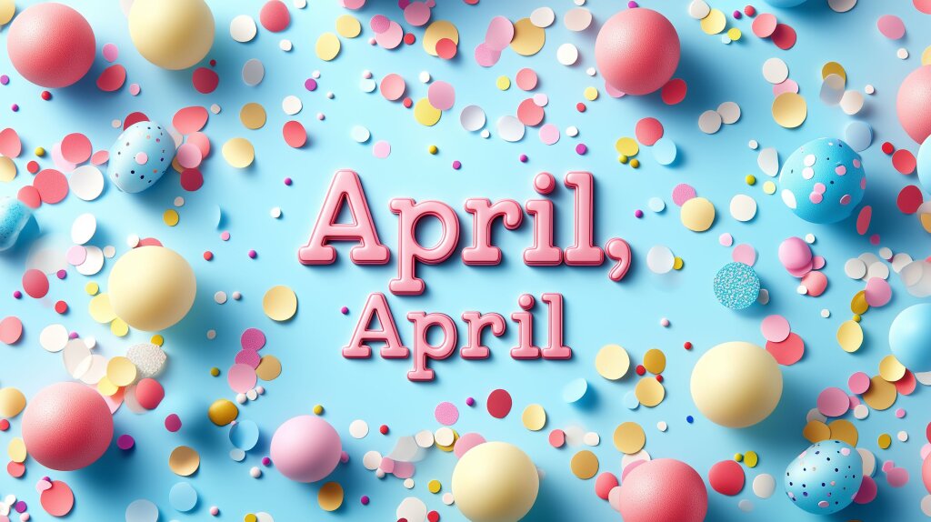 April, April mit Konfetti und Ballons