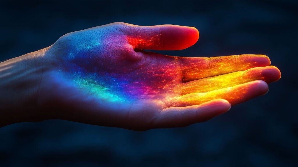 Hand, die sanft einen leuchtenden Regenbogen hält