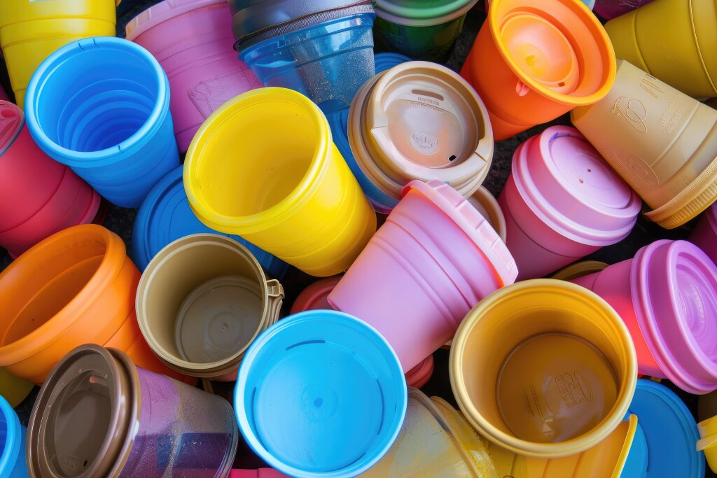 bunte Kaffeebecher aus Plastik - Müllberg