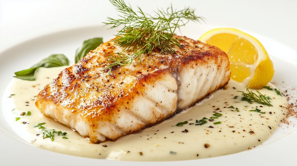 Goldenes gebratenes Fischfilet mit Zitronensauce und Kräutern