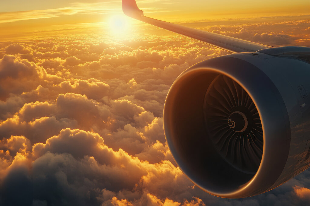 Triebwerk eines Flugzeugs bei Sonnenuntergang