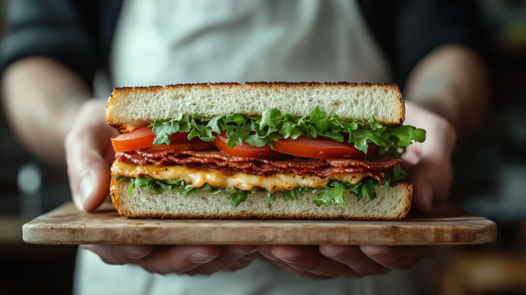Perfekt zubereitetes BLT-Sandwich auf Holzbrett präsentiert