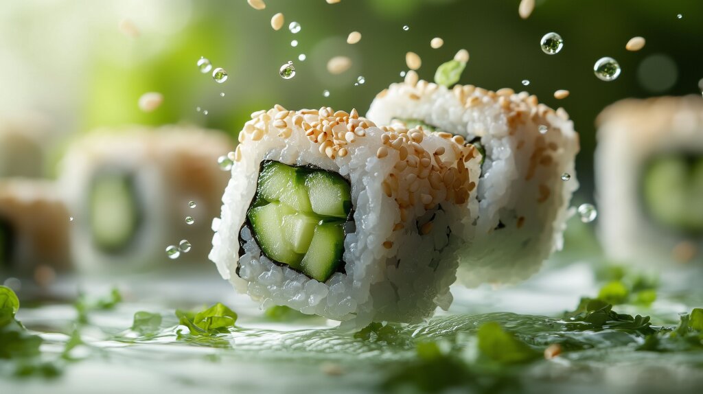 Dynamische Darstellung von Sushirollen mit Gurke und Sesam