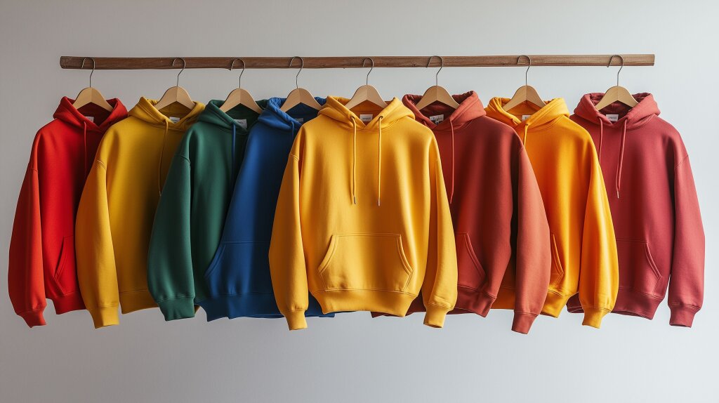 Reihe bunter Hoodies auf Kleiderbügeln
