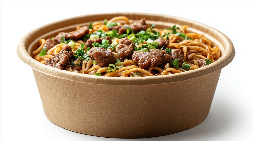 Beef Chow Mein in biologisch abbaubarer Papierverpackung