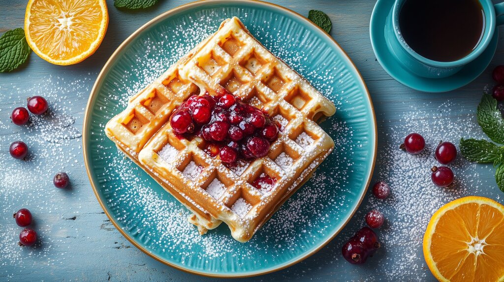 Frühstücks-Waffeln mit Preiselbeeren auf türkisem Teller