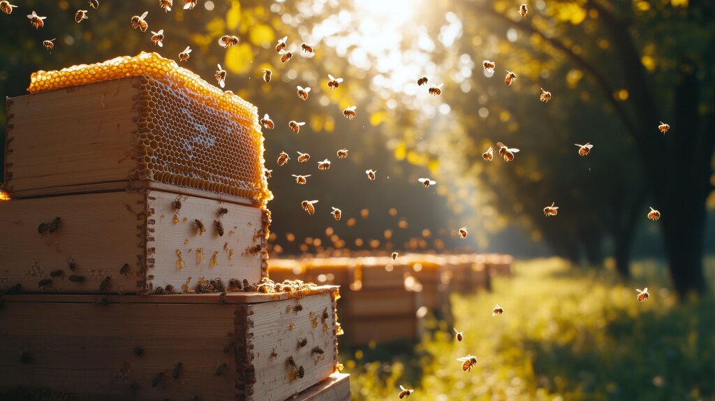 Imkerei-Szene mit Bienen und Honigernte bei Sonnenuntergang