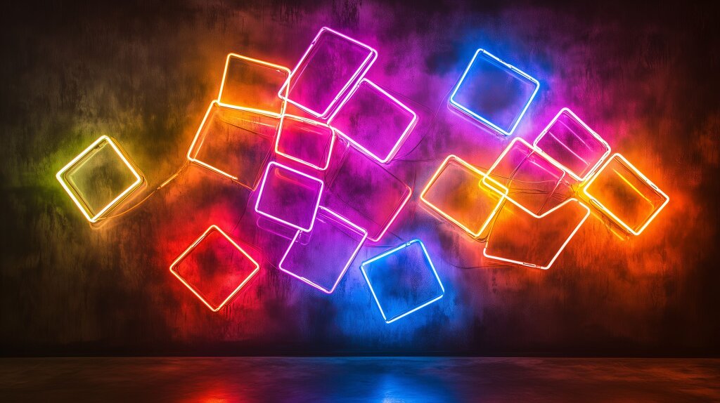 Neonlichter in geometrischen Formen auf dunklem Hintergrund