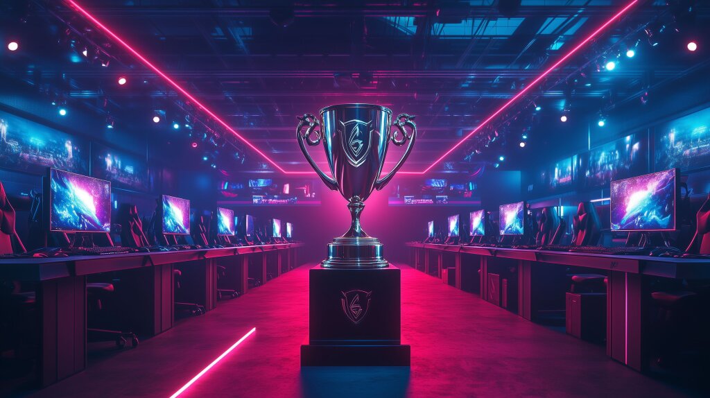 E-Sports-Siegerpokal im futuristischen Raum