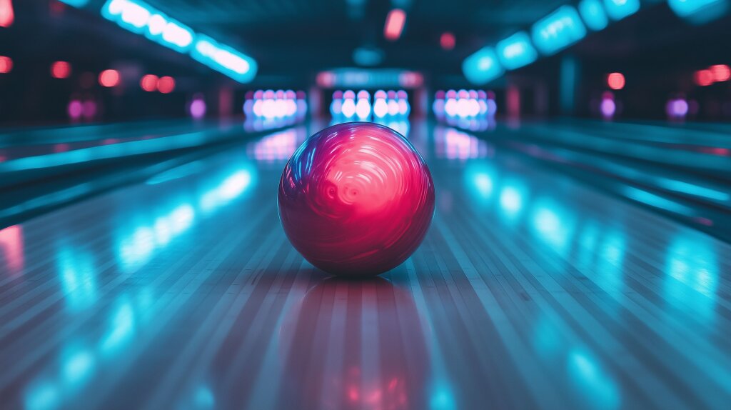 Neon-leuchtende Bowlingkugel auf einer futuristischen Bowlingbahn