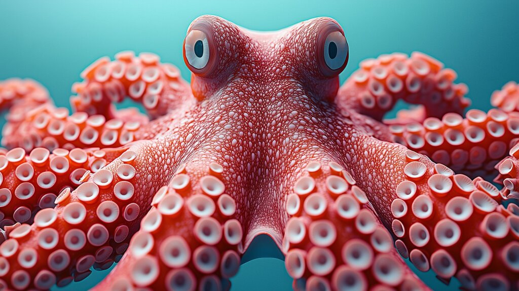 Nahaufnahme eines rosa Oktopus mit Saugnäpfen auf blauem Hintergrund