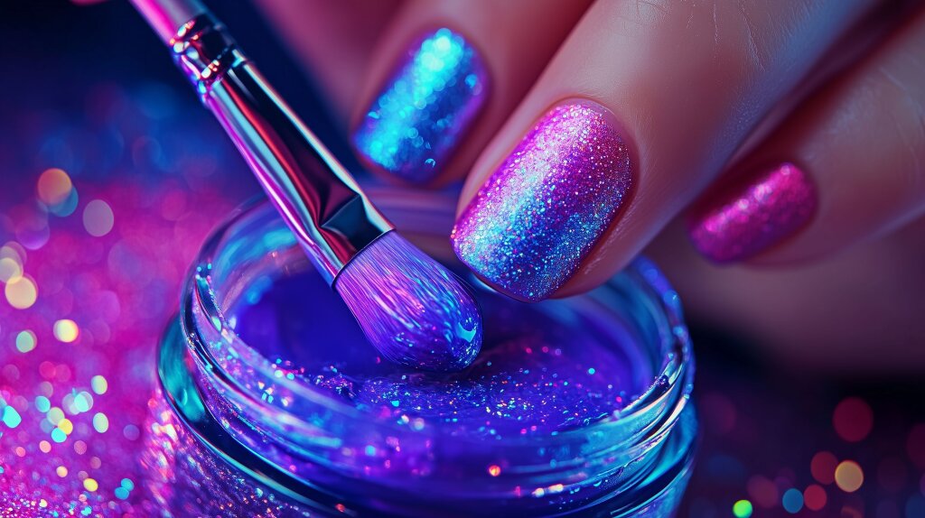 Glitzernder Nagellack auf Fingernägeln in funkelnden Farben