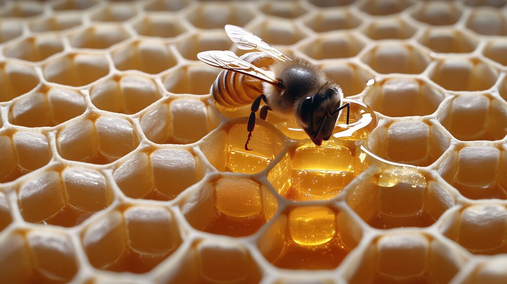 Nahaufnahme einer Bienenwabe mit Honigbiene