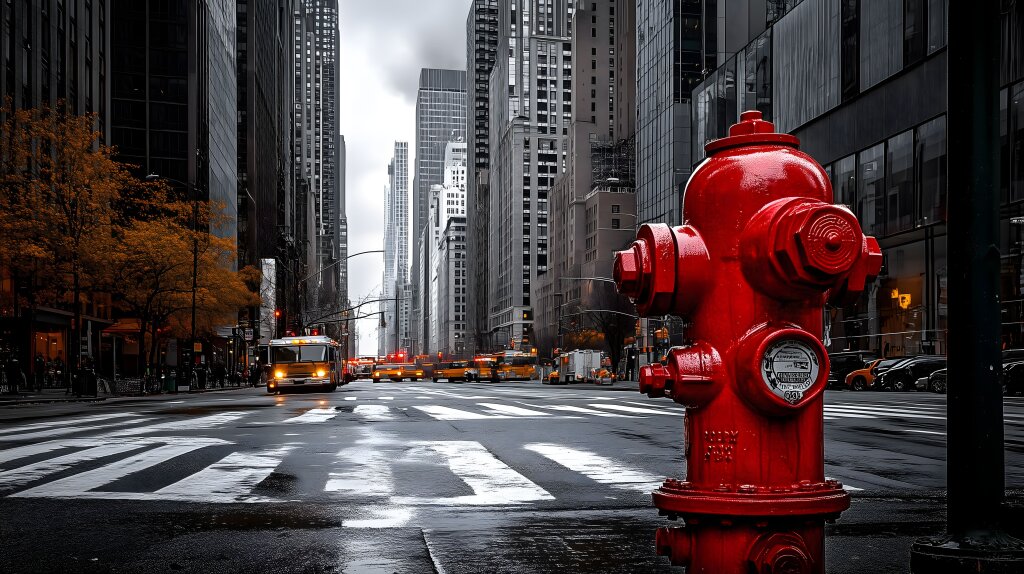 Roter Hydrant in New York City bei regnerischem Wetter