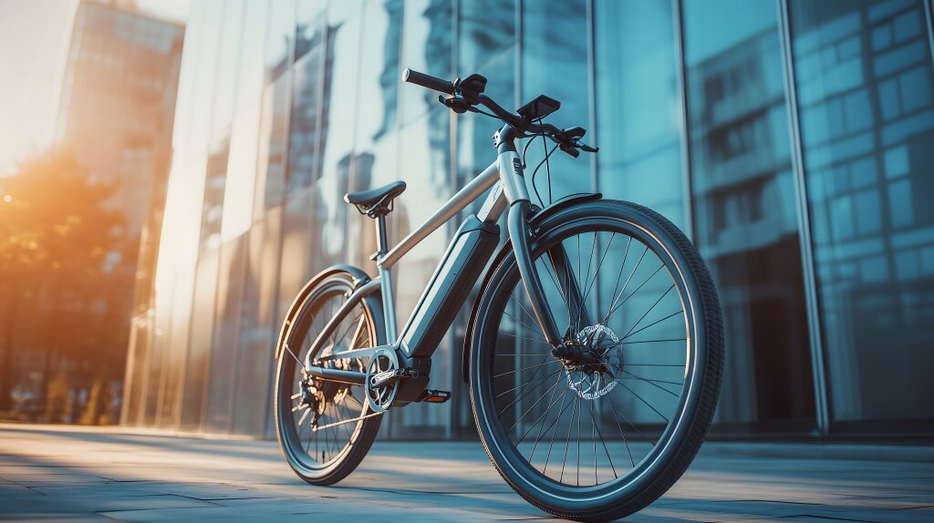 Modernes Elektrofahrrad vor urbaner Kulisse