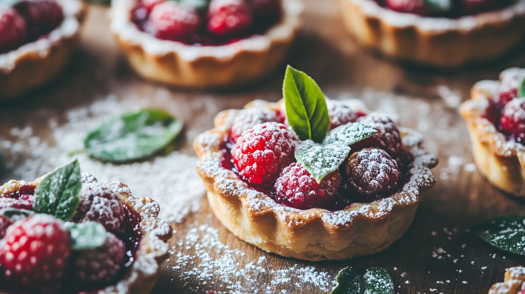 Leckere Beeren-Törtchen mit Puderzucker dekoriert auf rustikalem Tisch
