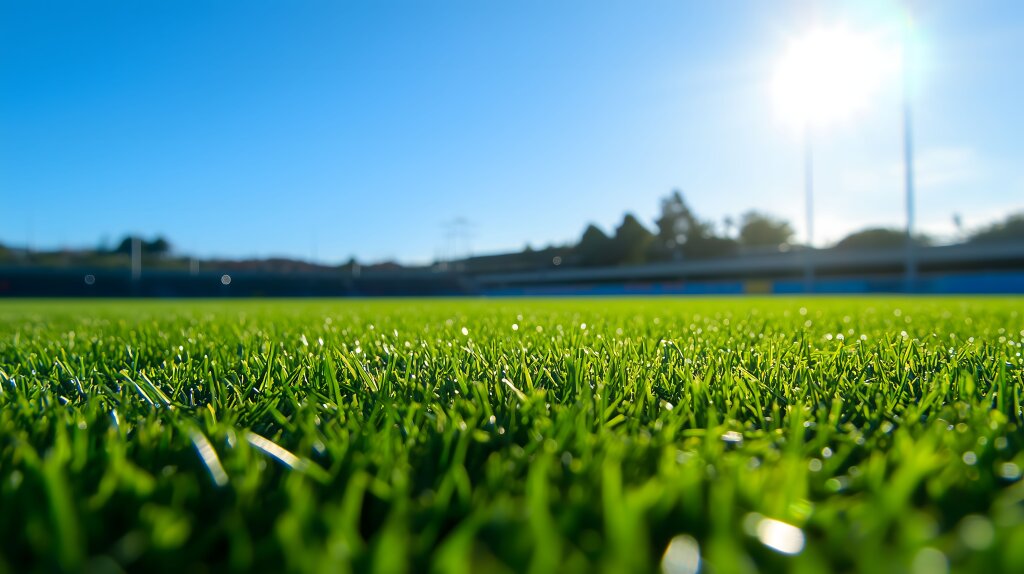 Saftig grüner Rasen im Stadion bei Sonnenschein