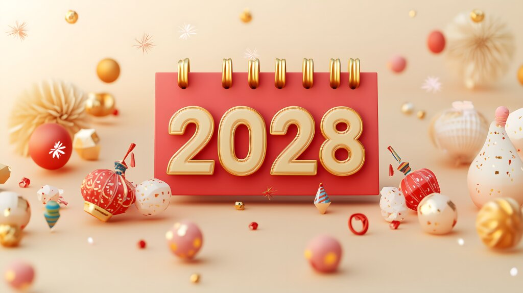 3D-Kalender 2030 mit goldenen Akzenten und festlicher Weihnachtsdekoration
