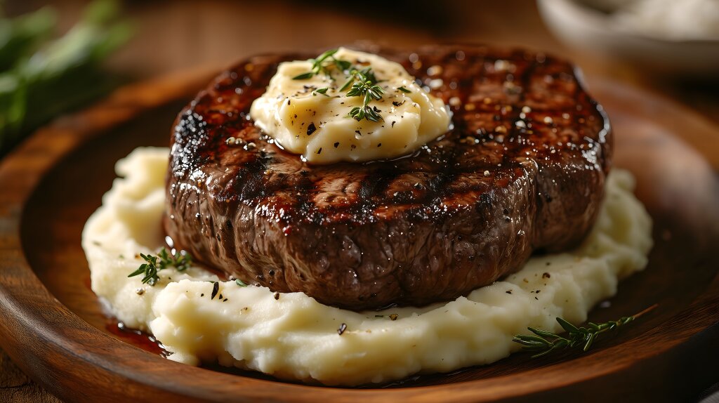 Nahaufnahme eines saftigen Steaks mit Knoblauchbutter