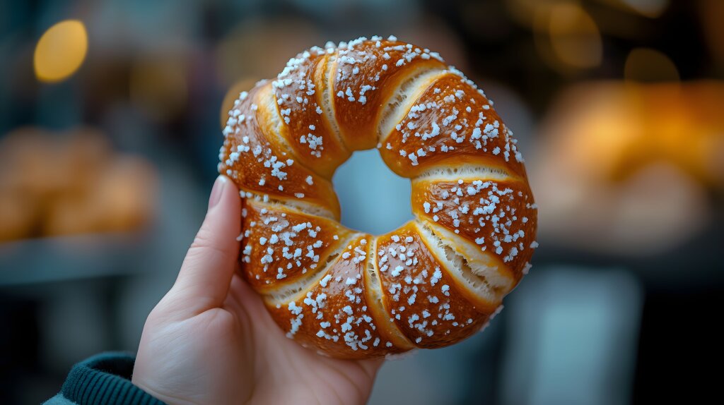 Hand hält frisch rundes Brezel-Gebäck mit grobem Salz