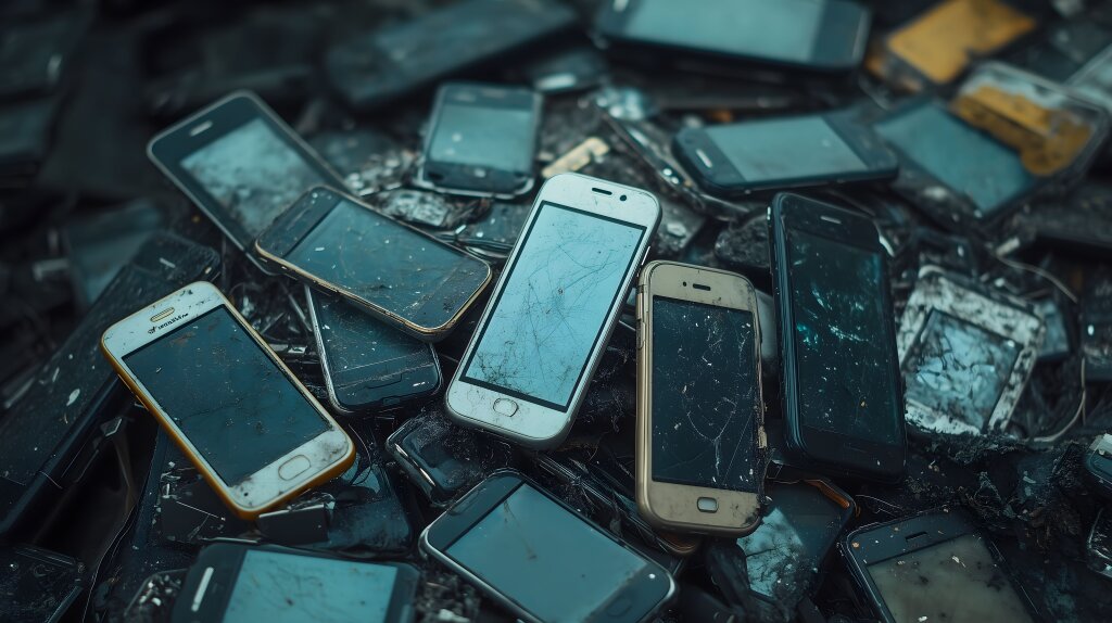 Haufen aus alten und kaputten Mobiltelefonen als Elektroschrott