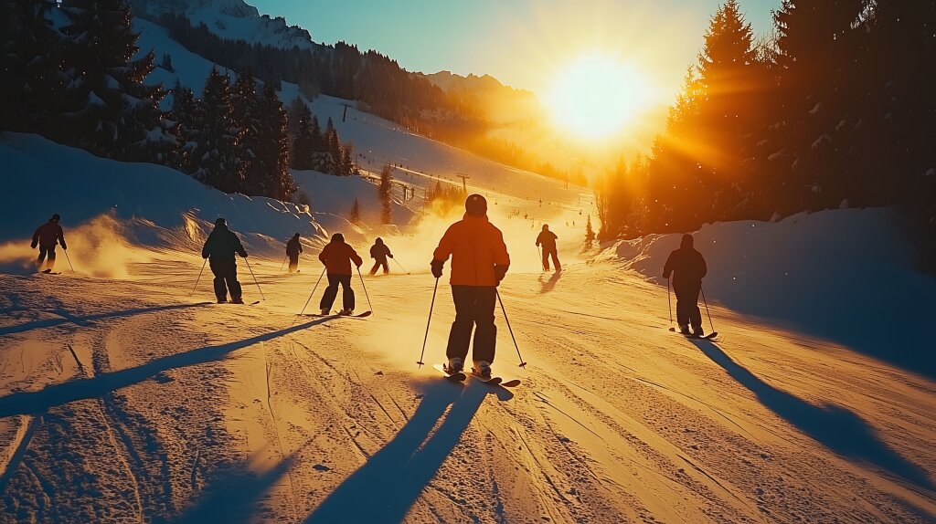Wintersportler auf Skiern bei Sonnenuntergang auf verschneiten Pisten im Skigebiet