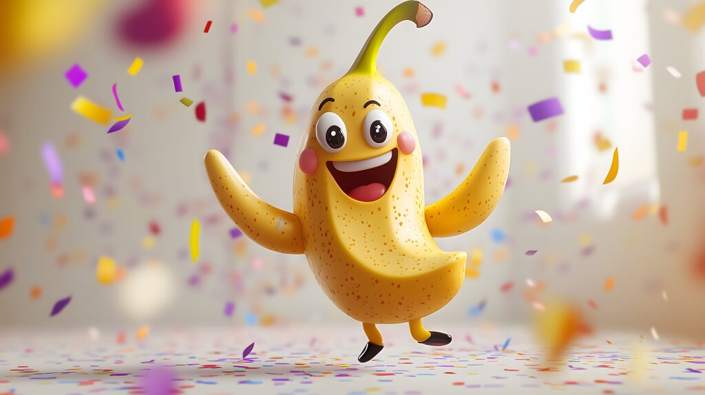 Banane tanzt fröhlich mit Konfetti